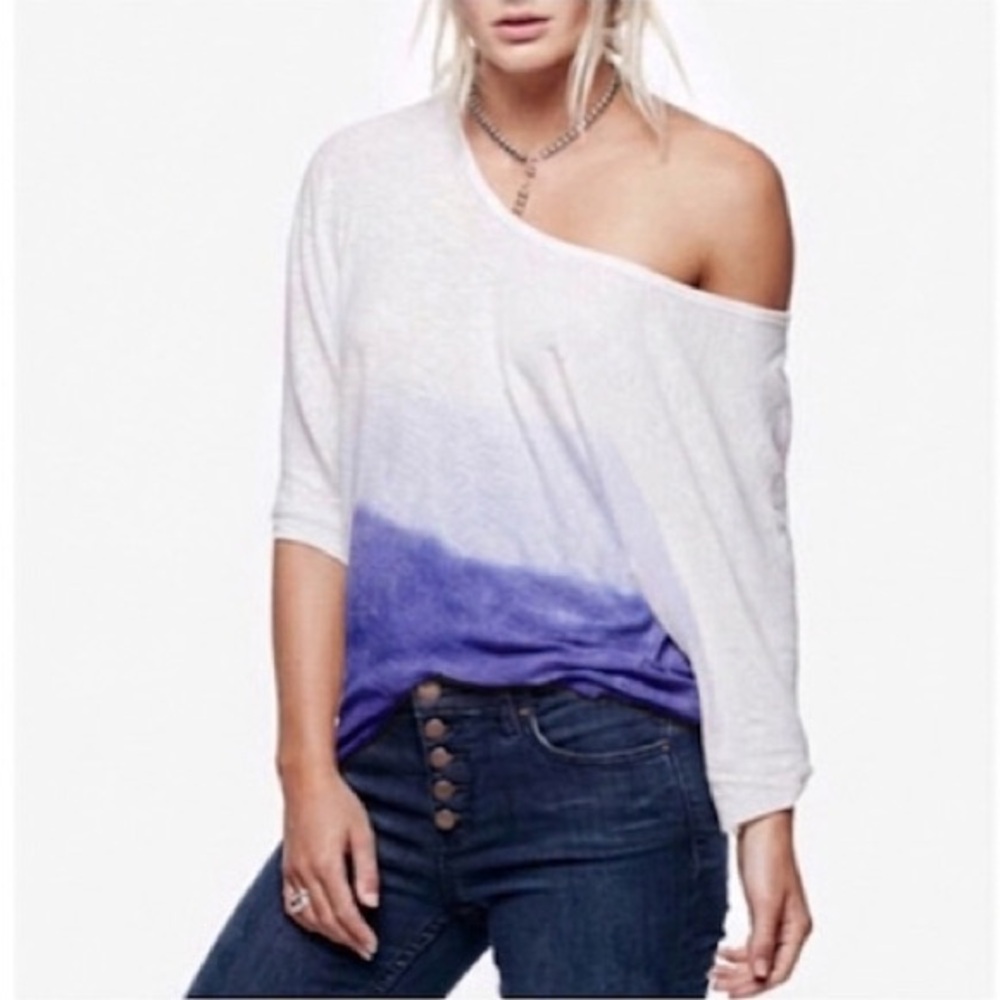 WE THE FREE FP Strawberry Tee Blue Ombré Linen Cotton Bat Wing Short Sleeve Top